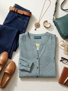 NWT Talbots Shirt 2XP Petite Top Green Houndstooth Long Sleeve Button Office